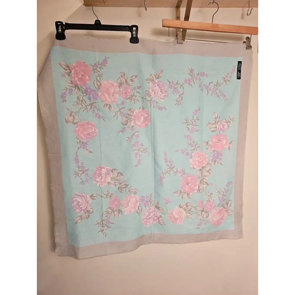 Made In Italy Pastel Floral Light Blue Scarf with Pink Roses